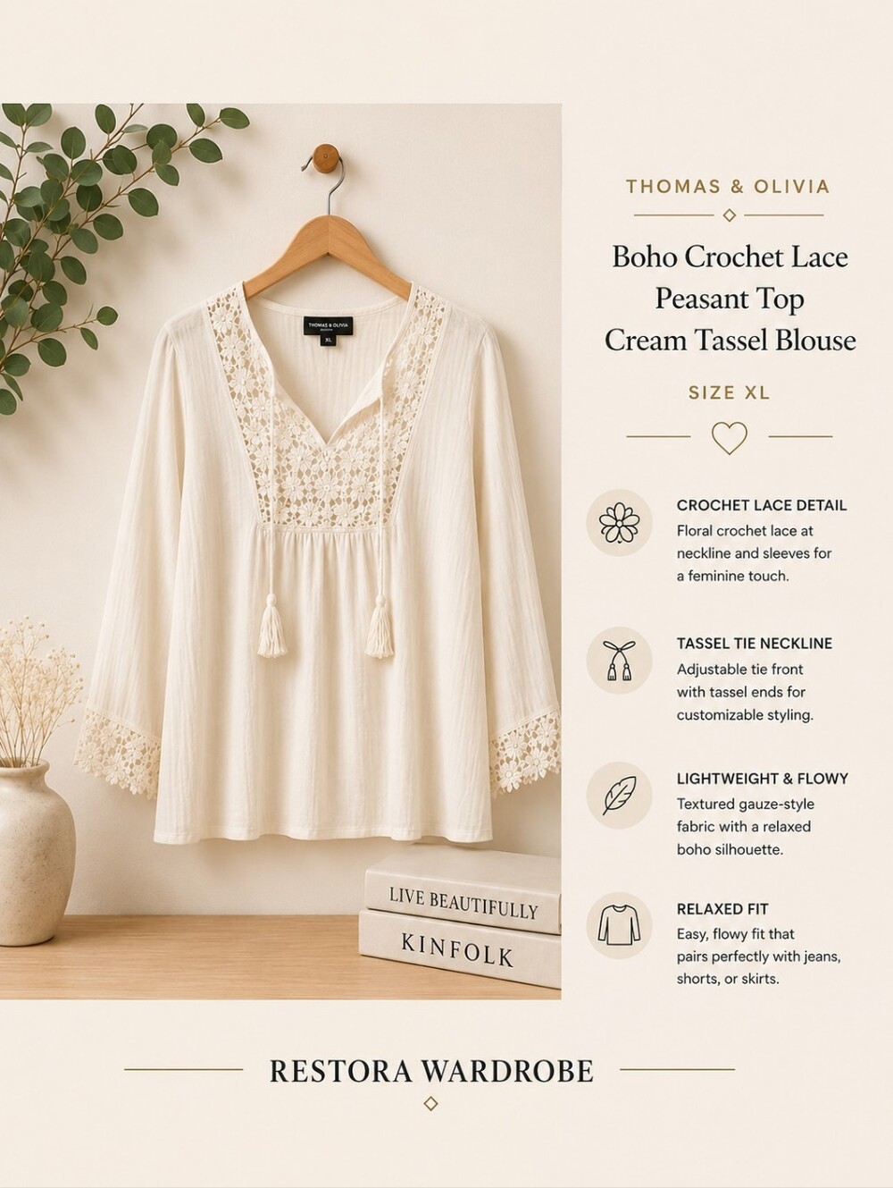 Thomas & Olivia Peasant Blouse Cream Crochet Lace Tassel XL Boho